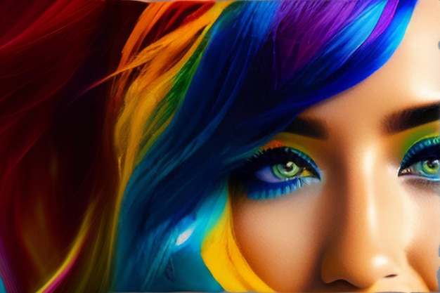 A painting of a woman with rainbow hair