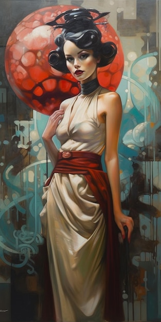 A painting of a woman with a red balloon in the background.