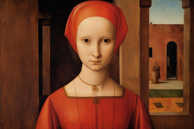 Photo a painting of a woman with a red dress and a red cap