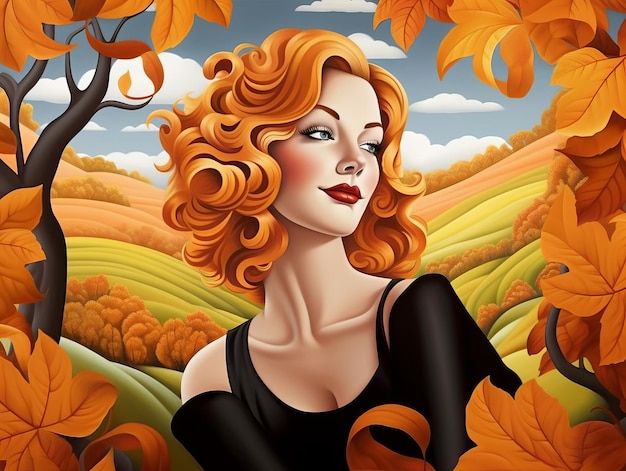 a painting of a woman with red hair in autumn leaves