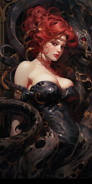 a painting of a woman with red hair and a black dress with a red hair