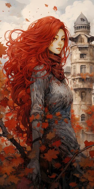 Photo a painting of a woman with red hair and a black dress with a red hair