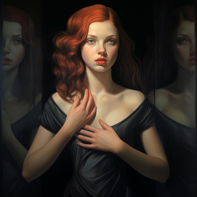 A painting of a woman with red hair and a black dress