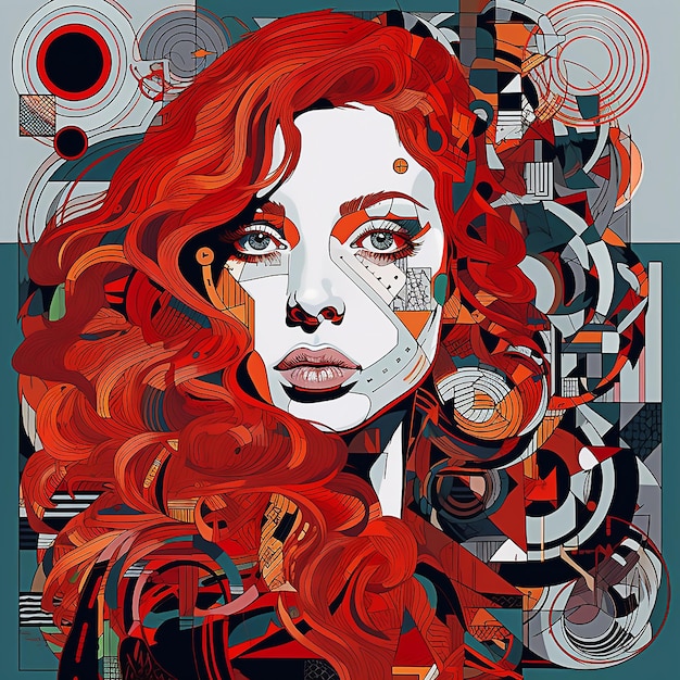 Картина женщины с рыжими волосами и черной курткой.