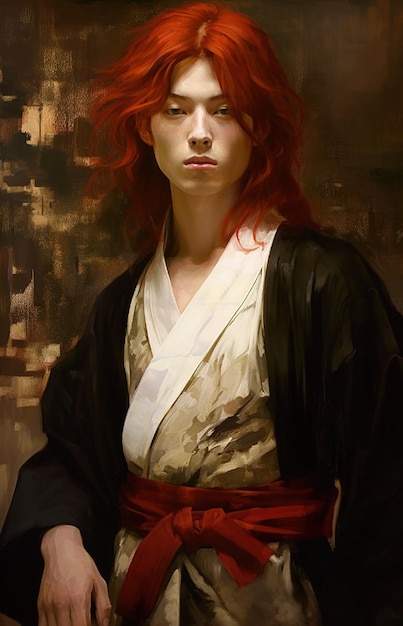 A painting of a woman with red hair and a black kimono.