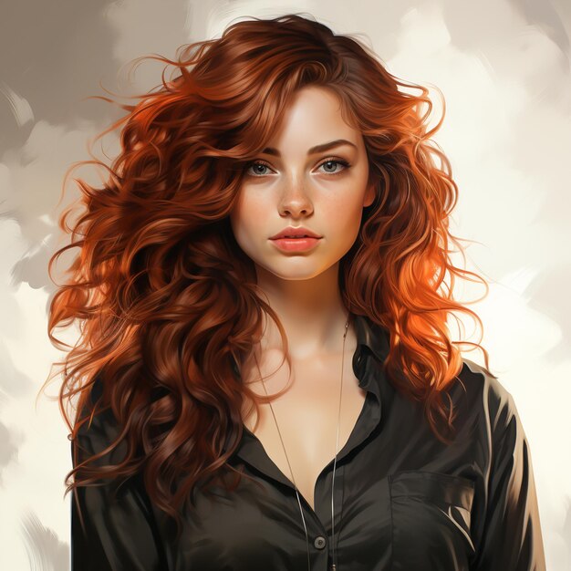 빨간 머리카락과 검은 셔츠를 입은 여자의 그림