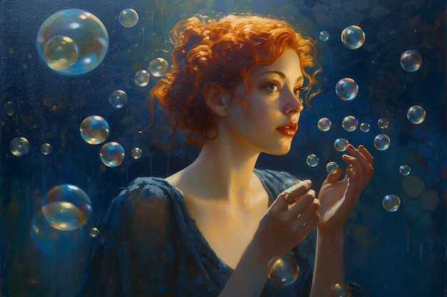 A painting of a woman with red hair and a blue dress with bubbles floating around her.