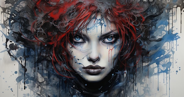 painting of a woman with red hair and blue eyes with a splattered face generative ai