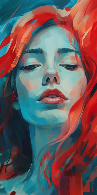 赤い髪と青い目をした女性の絵。