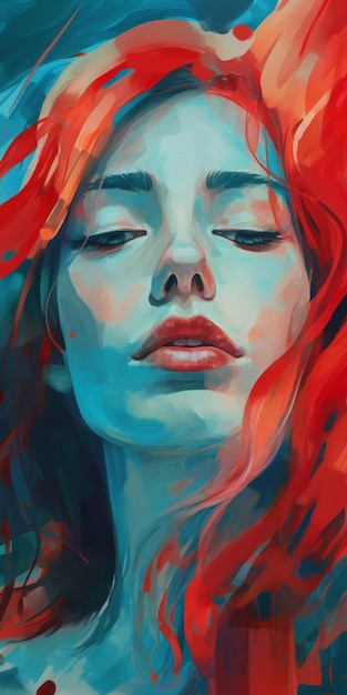 A painting of a woman with red hair and blue eyes.