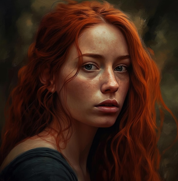 A painting of a woman with red hair and blue eyes.