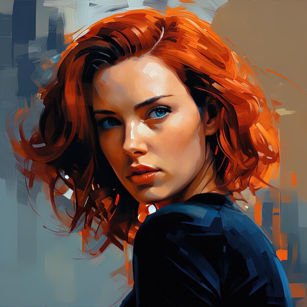 a painting of a woman with red hair and a blue shirt