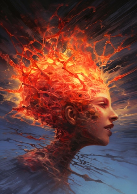 painting of a woman with red hair and fire in her hair generative ai