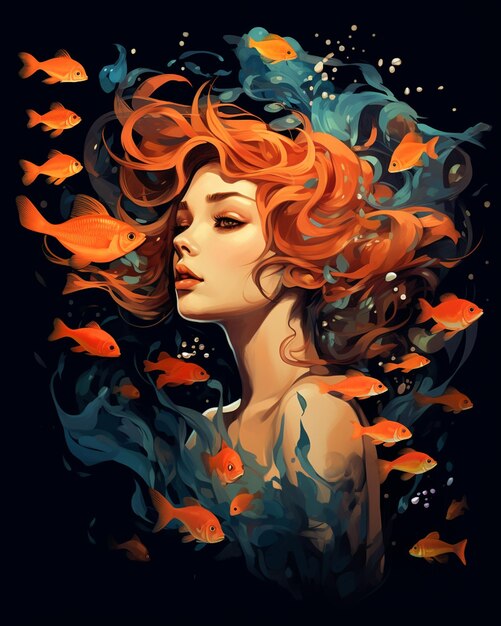 a painting of a woman with red hair and fish in the background