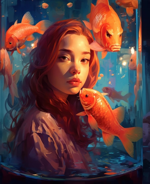 A painting of a woman with red hair and a fish in the bottom.