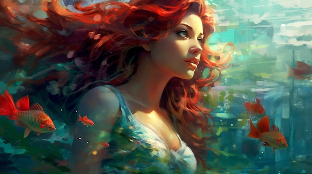 Painting of a woman with red hair and fish in a pond generative ai