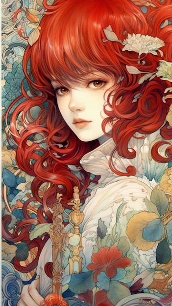 A painting of a woman with red hair and a flower pattern.