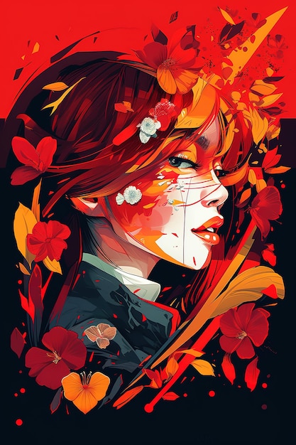 빨간 머리에 꽃을 얼굴에 얹은 여인의 그림
