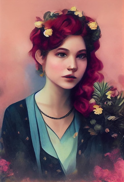 A painting of a woman with red hair and flowers on her head.