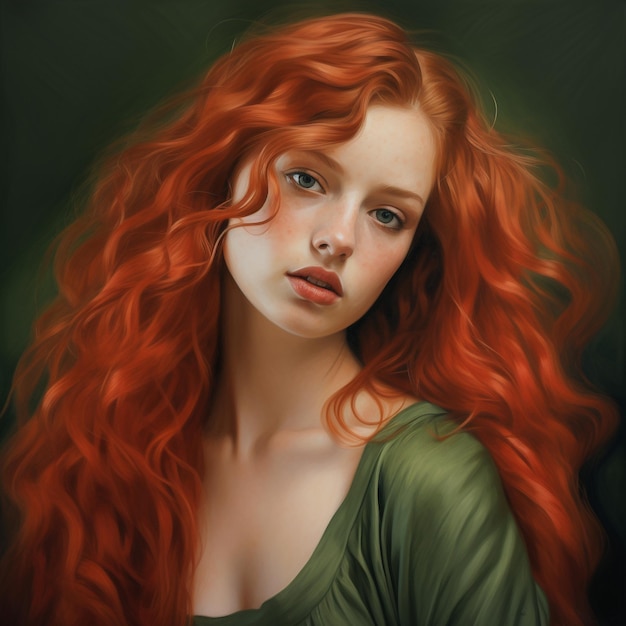 A painting of a woman with red hair and a green shirt