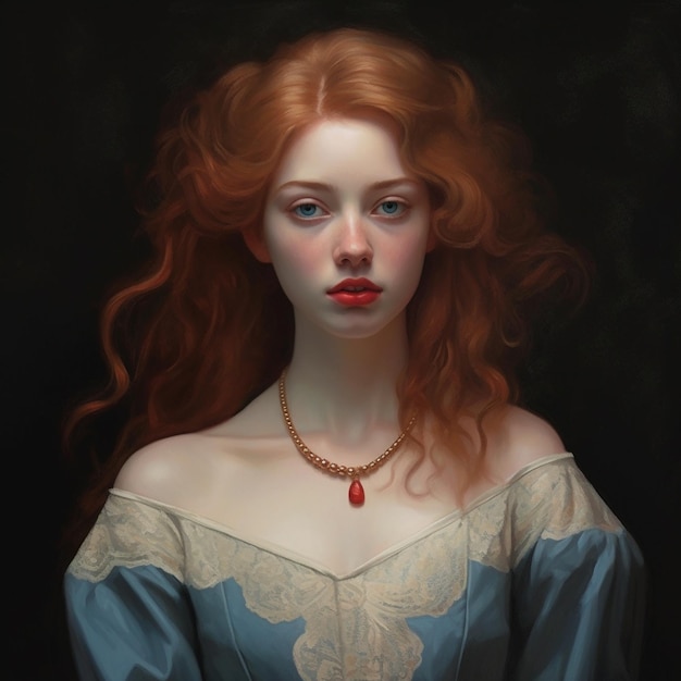 A painting of a woman with red hair and a necklace that says quot red quot