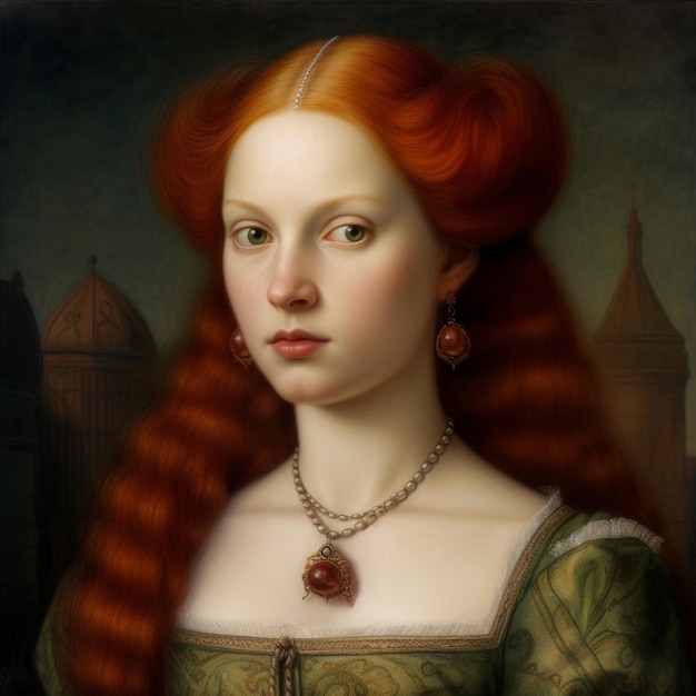 A painting of a woman with red hair and a pendant