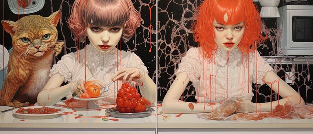 Photo a painting of a woman with red hair and a plate of food with raspberries on it