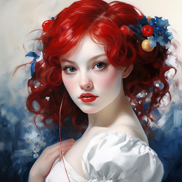 a painting of a woman with red hair and a white dress with flowers on her head.