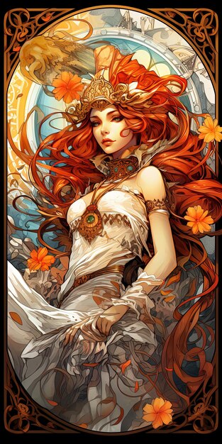 빨간 머리카락과 중간에 꽃이 있는  드레스를 입은 여자의 그림
