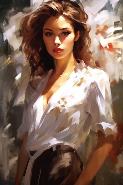 A painting of a woman with red hair and a white shirt.