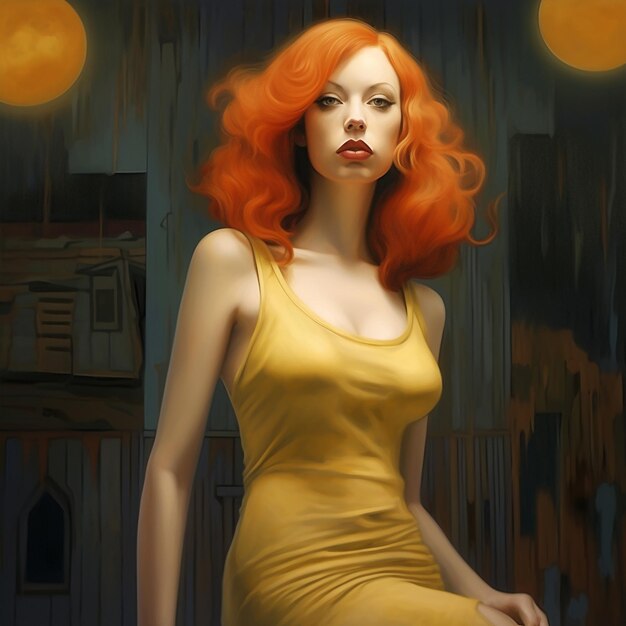 a painting of a woman with red hair and a yellow dress.