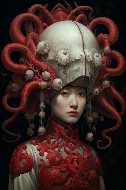 A painting of a woman with a red hat and tentacles on it.