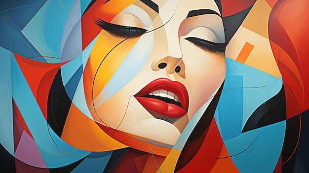 a painting of a woman with red lips and a colorful background.