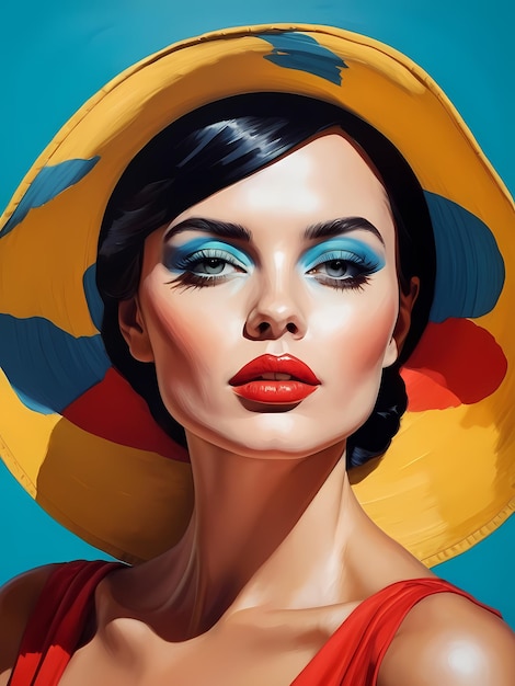赤い唇と黄色い帽子をかぶった女性の絵画