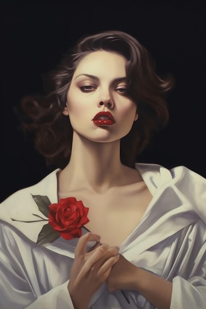 A painting of a woman with a red rose on her shirt.