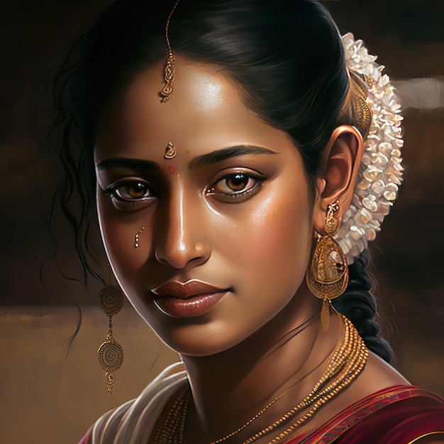 A painting of a woman with a red sari and gold earrings.
