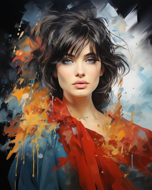 Foto dipinto di una donna con una sciarpa rossa e occhi blu generativo ai