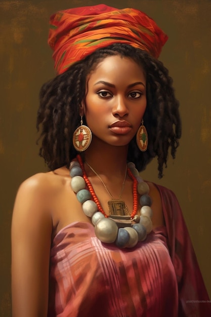 Картина женщины в красном тюрбане и красной шляпе.