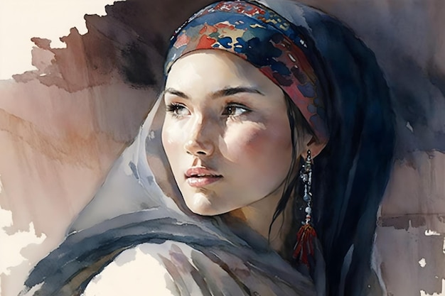 A painting of a woman with a scarf on her head