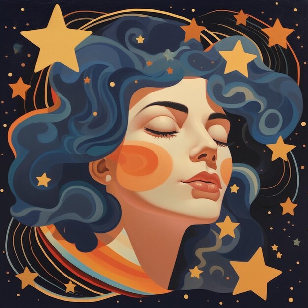 Photo painting of a woman with stars in her hair and a crescent generative ai