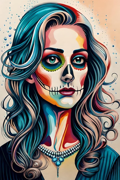 A painting of a woman with a sugar skull face.