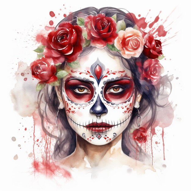 painting of a woman with a sugar skull make up and roses in her hair generative ai