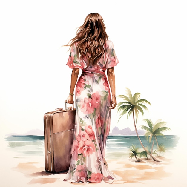 Foto dipinto di una donna con una valigia sulla spiaggia generativa ai