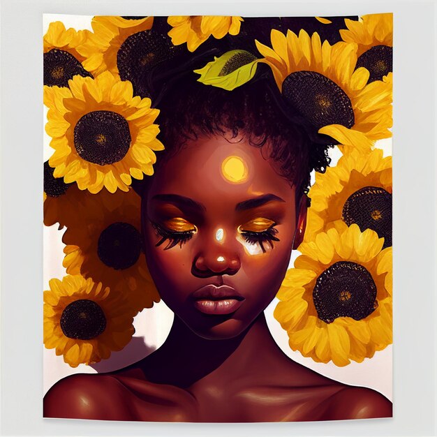 Painting of a woman with sunflowers in her hair generative ai