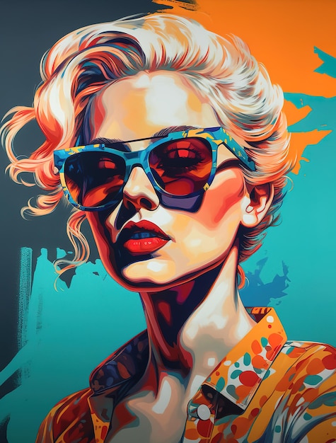 A painting of a woman with sunglasses and a bright orange shirt.