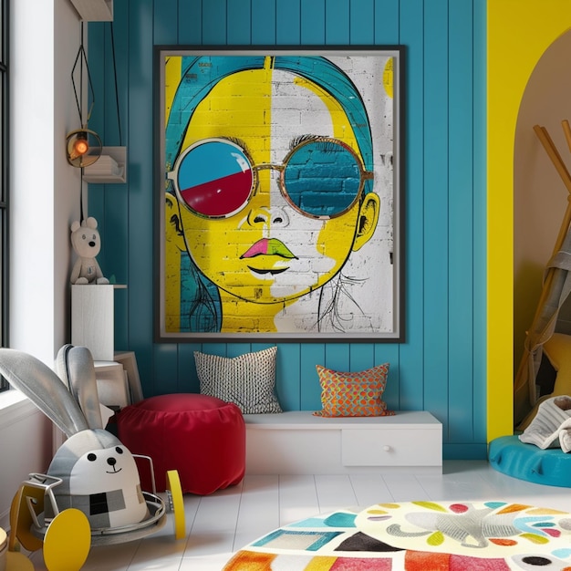 Photo a painting of a woman with sunglasses on it is in a room with a blue wall