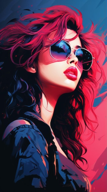 a painting of a woman with sunglasses and red hair