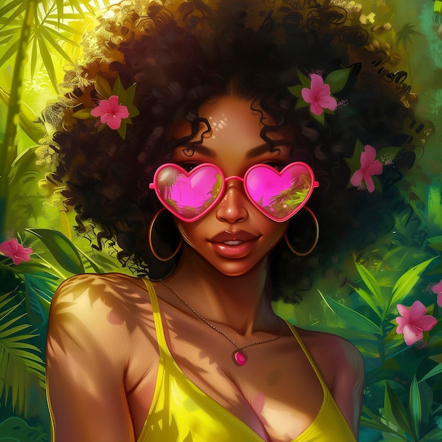 Painting of a woman with sunglasses and a yellow top in a jungle