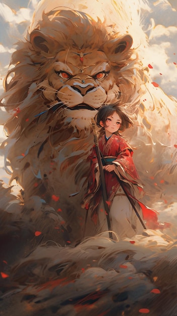 Painting of a woman with a sword and a lion in the background generative ai