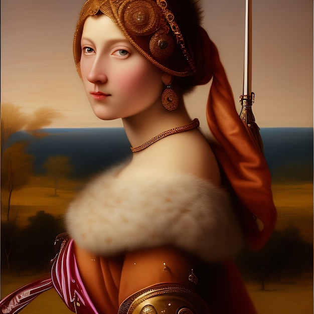 A painting of a woman with a sword and a pink scarf on her head.